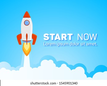 Rocket spaceship launch to stars into the blue sky space. Start now quote. Business start up concept. Red white rocket shuttle launch, spaceship flying vector illustration.