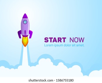 Rocket spaceship launch to stars into the blue sky space. Start now quote. Business start up concept. Purple rocket shuttle launch, spaceship flying vector illustration.