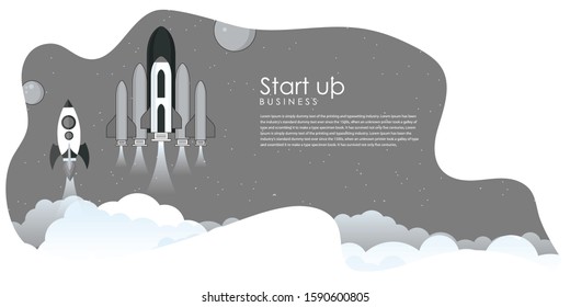 Rocket spaceship launch to stars into the blue sky space. Start now quote. Business start up concept.