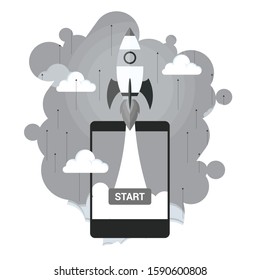 Rocket spaceship launch to stars into the sky space. Start now quote. Business start up concept.