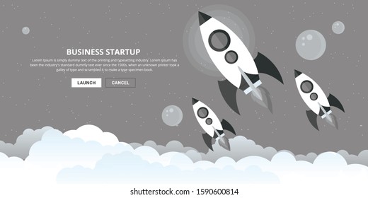 Rocket spaceship launch to stars into the blue sky space. Start now quote. Business start up concept.