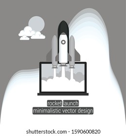 Rocket spaceship launch to stars into the blue sky space. Start now quote. Business start up concept.