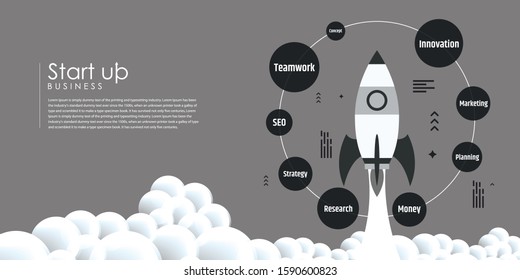 Rocket spaceship launch to stars into the blue sky space. Start now quote. Business start up concept.