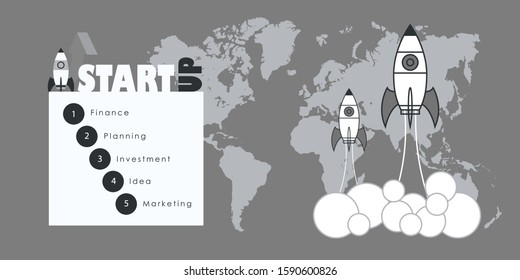 Rocket spaceship launch to stars into the blue sky space. Start now quote. Business start up concept.