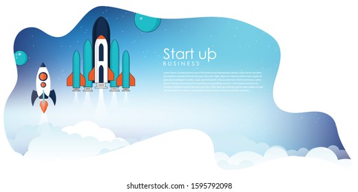 Rocket spaceship launch to stars into the blue sky space. Start now quote. Business start up concept.