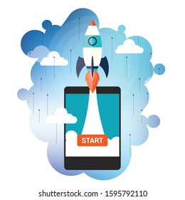 Rocket spaceship launch to stars into the blue sky space. Start now quote. Business start up concept.
