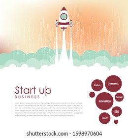 Rocket spaceship launch to stars into the blue sky space. Start now quote. Business start up concept.