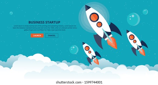 Rocket spaceship launch to stars into the blue sky space. Business start up concept.