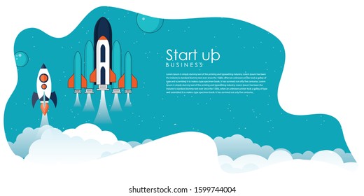 Rocket spaceship launch to stars into the blue sky space. Business start up concept.