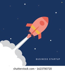 Rocket spaceship launch to stars into the blue sky space. Start now quote. Business start up concept