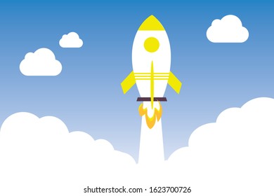 Rocket spaceship launch to stars into the blue sky space. Start now quote. Business start up concept