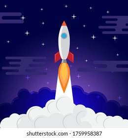 Lanzamiento de la nave espacial de cohetes a las estrellas en el espacio azul del cielo. Llama de fuego y sendero de humo. Concepto de inicio de negocios.