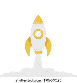 Rocket spaceship launch with white smoke, startup. Shuttle travel and takeoff start up. Vector illustration