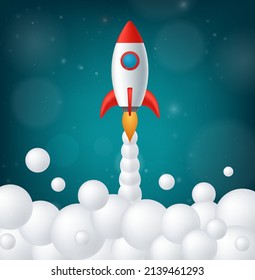 Rocket or spaceship launches through the clouds. Successful startup business concept. Used for logo, web design and workflow layout. Vector illustration.