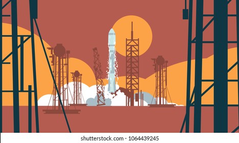 Rocket with spaceship launching at eavening, launchpad construction and gas tanks in front and sun on orange background