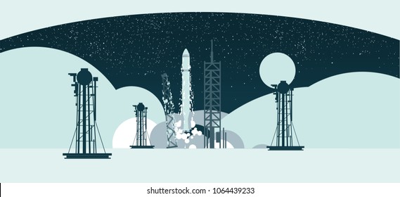Rocket with spaceship launching at night on blue background with stars, launchpad construction and gas tanks in front and moon in the back