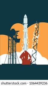 Rocket with spaceship launching at night on blue background with stars, launchpad construction and gas tanks in front and moon in the back - space exploration mission
