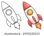 Rocket Spaceship Line Art Vector Outline Illustration Black and White with Coloring Sample