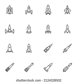 Rocket and spaceship line icons set, outline vector symbol collection, linear style pictogram pack. Signs, logo illustration. Set includes icons as space shuttle, satellite, mission rocket