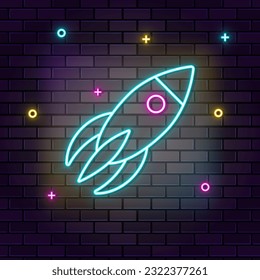 Rocket, spaceship, multicolor neon icon on dark brick wall
