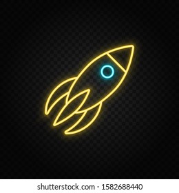 rocket, spaceship neon icon. Blue and yellow neon vector icon.