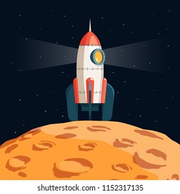 Ñartoon rocket spaceship on the surface of the moon shines with portholes