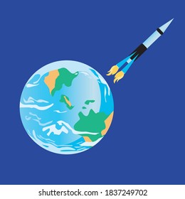 Cohetes o nave espacial y planeta tierra aislados. Ilustración de material vectorial plano. despegue de cohetes, inicio, vuelo sobre el concepto de tierra. Ilustración con cohete o nave espacial retro y planeta