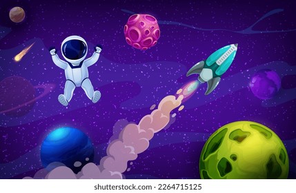 Rocket spaceship, planets and cartoon astronaut in outer space. Vector cosmonaut travel in Universe or starry galaxy, float in weightlessness with spacecraft engine, asteroid, comet and shining stars