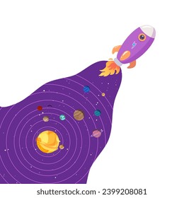 Rocket spaceship with purple trail and planets of solar system. Startup, creative idea, new product launch concept. Infographic template for business presentation. Cartoon vector illustration