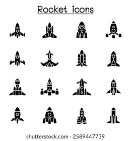 Rocket, spaceship, spacecraft icon set in glyph style