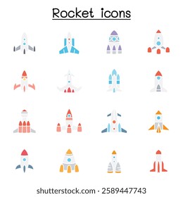 Rocket, spaceship, spacecraft icon set in flat color style