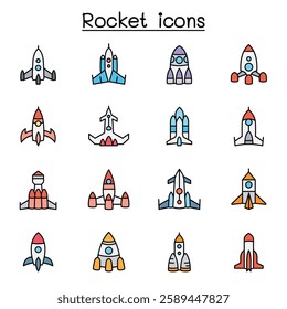 Rocket, spaceship, spacecraft icon set in color line style