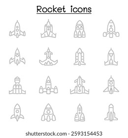 Rocket, spaceship, spacecraft icon set in thin line style