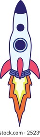 Rocket, Spaceship or Spacecraft vector in flat design. Colorful Outline cartoon rocket launch illustration.