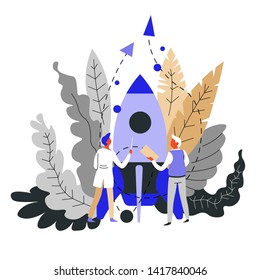 Rocket or spaceship start or launch startup concept vector man business idea teamwork entrepreneurs and invention and money earning or profit working project cooperation and co-working strategy