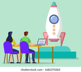 Rocket or spaceship start or launch, startup concept vector. Teamwork, man and woman with laptops in headset, cooperation and co-working. Business idea development and realization illustration