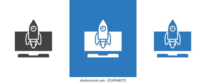 Ilustración de línea delgada del icono de inicio de la nave espacial cohete