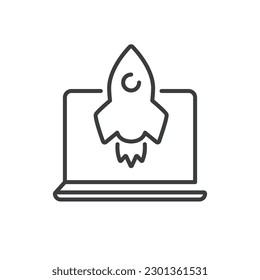 Inicio de la nave espacial Rocket, icono del vector aislado de la laptop