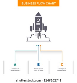 Rocket, spaceship, startup, launch, Game Business Flow Chart Design with 3 Steps. Glyph Icon For Presentation Background Template Place for text.