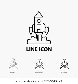 Rocket, spaceship, startup, launch, Game Icon in Thin, Regular and Bold Line Style. Vector illustration
