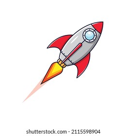 Rocket spaceship take off. Cartoon rocket flight illustration. Rocket launcher icon isolated on white