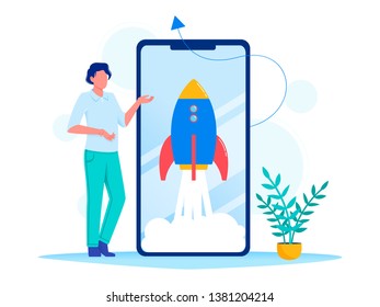 Rocket, spaceship takes off in the smartphone. Concept of new business project start-up development, launch a new innovation product on a market. Flat vector illustration