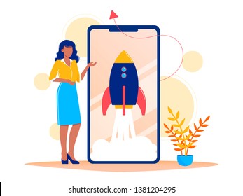 Rocket, spaceship takes off in the smartphone. Concept of new business project start-up development, launch a new innovation product on a market. Flat vector illustration