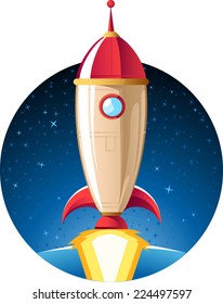 Rocket spaceship taking of to outer space with star shape background. Vector illustration cartoon.