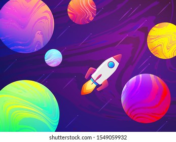 Rocket spaceship travel to the new planets and galaxies. Space trip future technology. Asteroid mining future business concept. Rocket space ship, abstract planets, stars, asteroids and sky clouds.