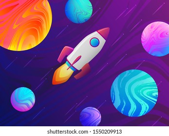 Rocket spaceship travel to the new planets and galaxies. Space trip future technology. Asteroid mining future business concept. Rocket space ship, abstract planets, stars, asteroids and sky clouds.