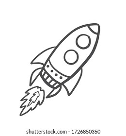 Rocket Spaceship. Vector doodle spaceship in doodle style. Flying rocket on white background