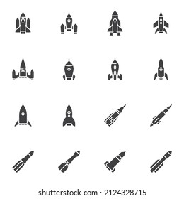 Rocket and spaceship vector icons set, modern solid symbol collection, filled style pictogram pack. Signs, logo illustration. Set includes icons as space shuttle, satellite, mission rocket