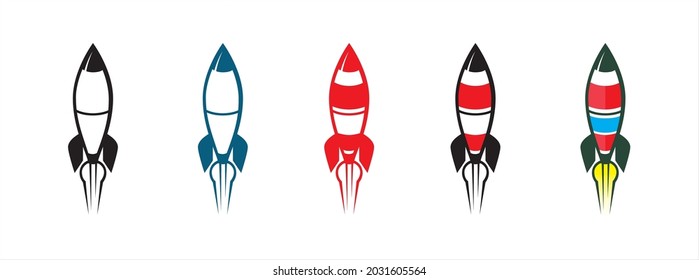 Rocket spaceship vector illustration set. Retro cartoon style graphic design