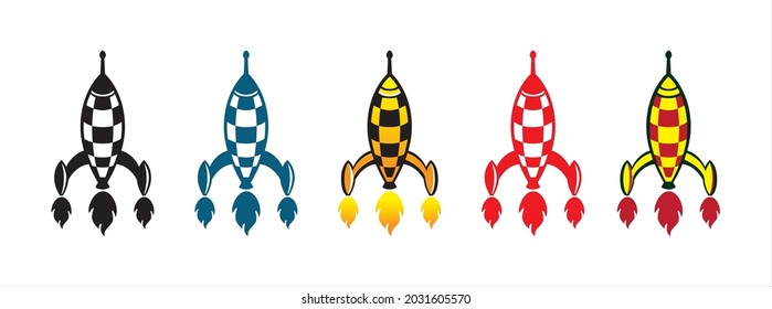 Conjunto de ilustración vectorial de la nave espacial de cohetes. Diseño gráfico de estilo retro